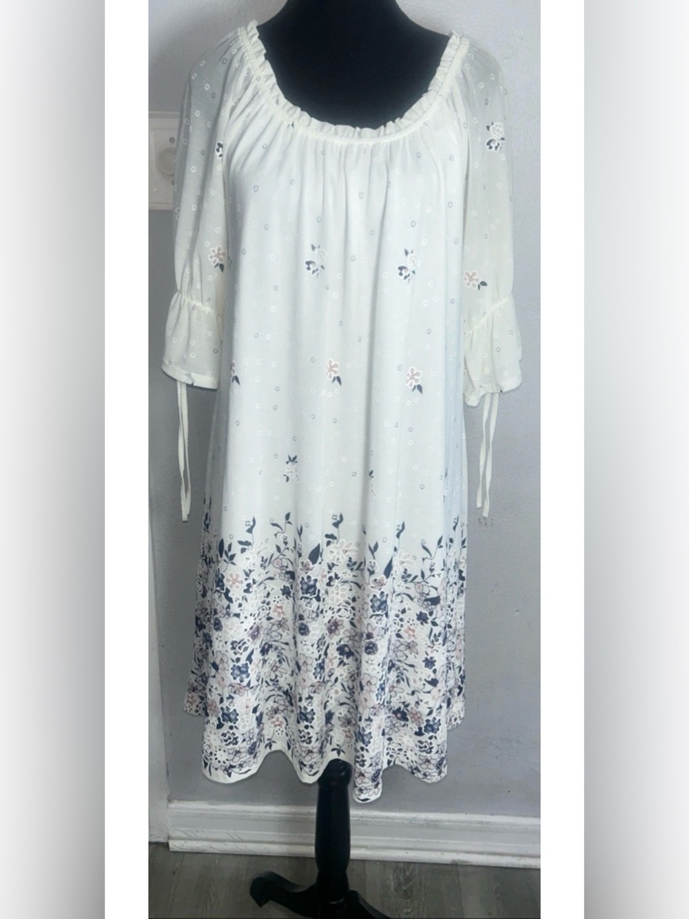 Siren Lily Modest Dress Ivory Gauzy Floral Fully Lined 3/4 Puff Tie Sleeves Sz L